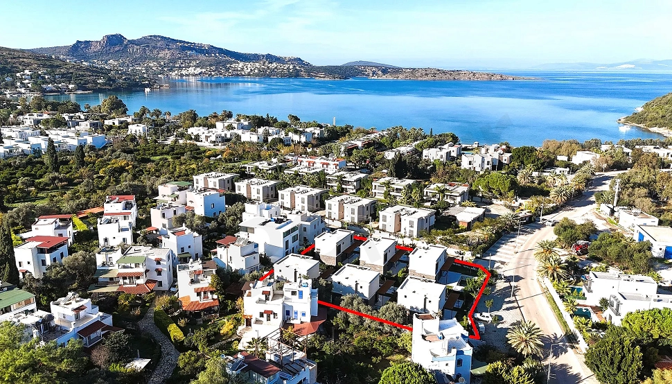 Wide-angle panoramic view of the seafront coastline in Bodrum