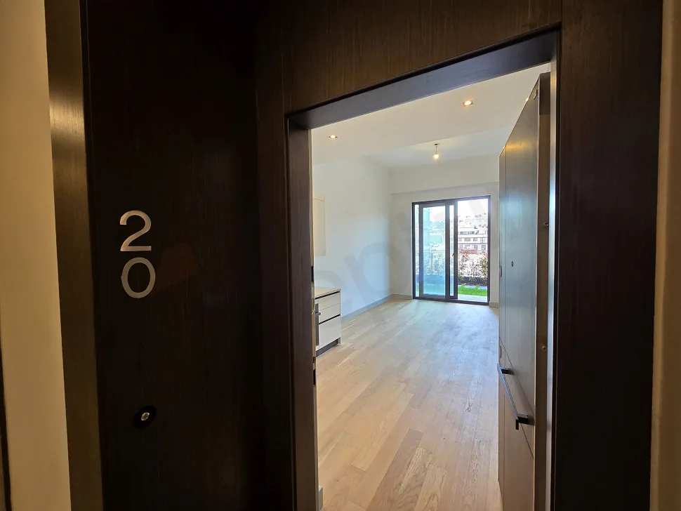 View of the entrance door and hallway of a modern residence apartment.