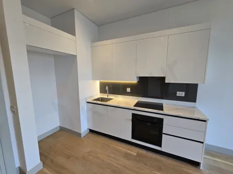 Spacious and modern open-plan kitchen area within a contemporary apartment.