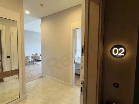 Elegant and secure apartment entrance door and hallway in a modern building.