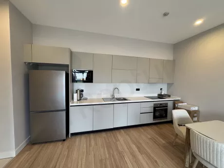 Modern designed open kitchen area and kitchen cabinets.