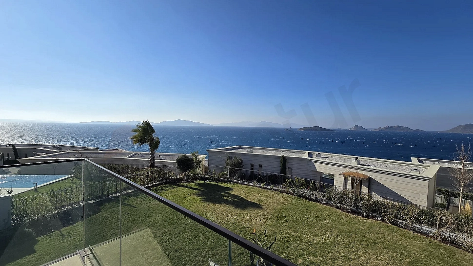 Wide-angle panoramic view covering the deep blue sea and horizon on the Bodrum coastline.