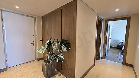 View of a stylish and bright entrance door and hallway of a modern villa.