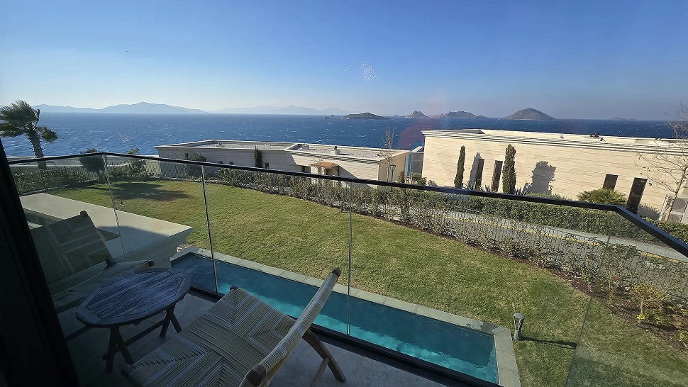 Spacious and modern balcony area of a luxury villa located in Bodrum.