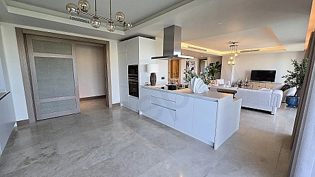 Spacious open kitchen design inside a modern and luxury villa.