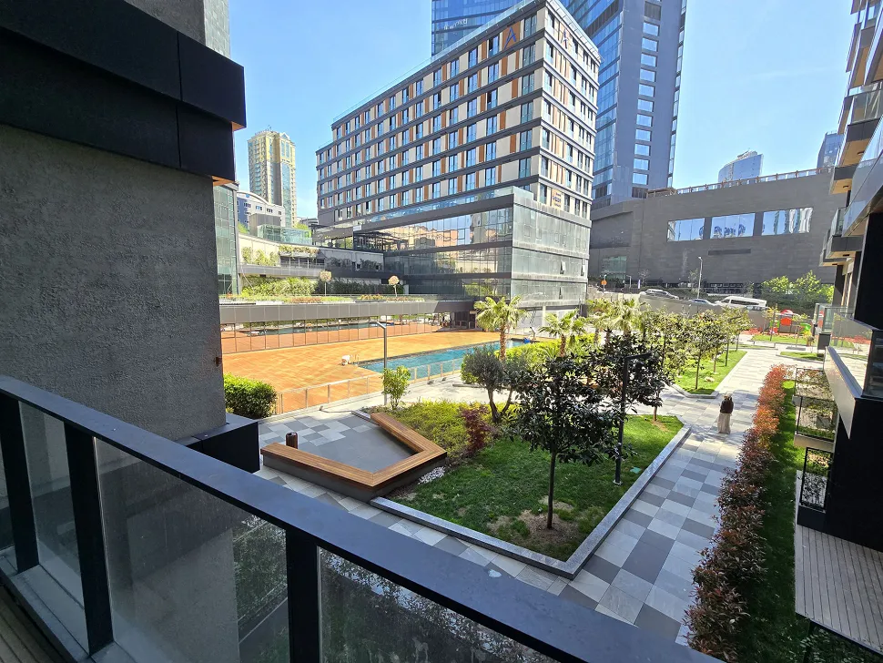 Spacious balcony area and city view of a modern residence apartment located in Sisli.