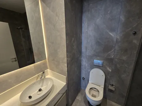 Interior view of a modern and stylish bathroom with high-quality fixtures and ceramics.