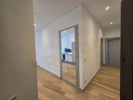Interior view of the entrance door and hallway of a modern apartment.