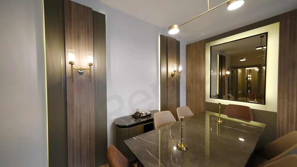 Stylish dining room image. Wooden table and chairs, modern design.