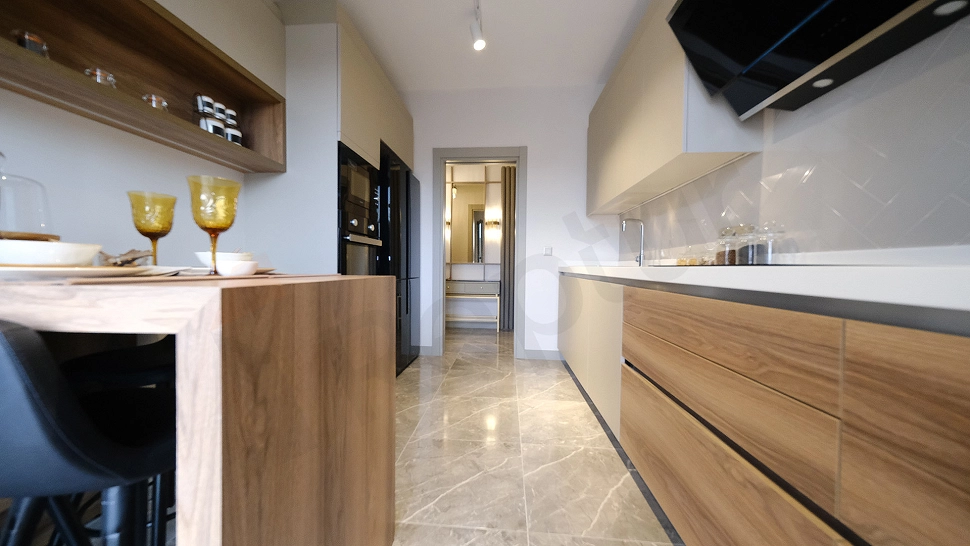 Modern furnished kitchen with countertop, cabinets and built-in appliances.