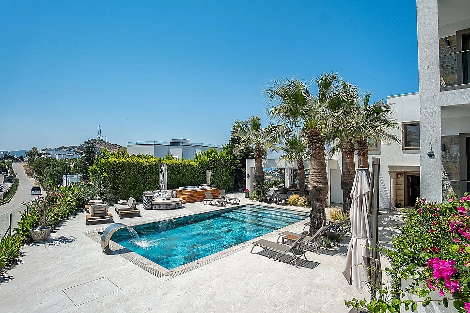 Outdoor swimming pool of a luxury mansion in Bodrum, Mugla.
