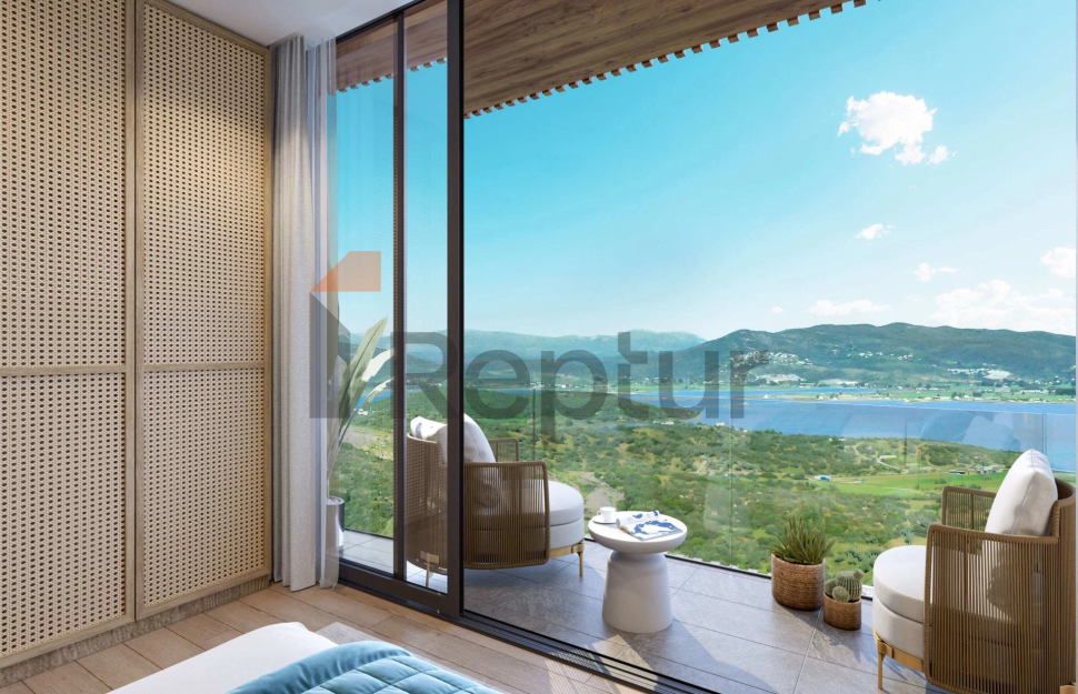 Contemporary style villas overlooking the reserve and lake with flamingos.