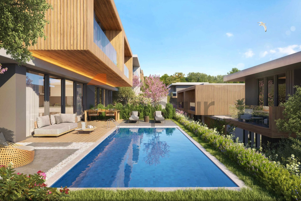 Contemporary style villas overlooking the reserve and lake with flamingos.