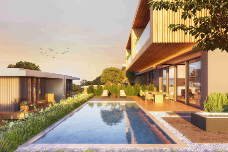 Contemporary style villas overlooking the reserve and lake with flamingos.