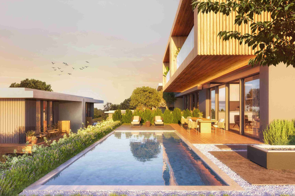 Contemporary style villas overlooking the reserve and lake with flamingos.